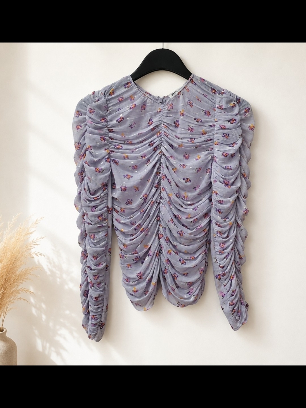 Zara Lavender Ruched Floral Long-Sleeve Blouse